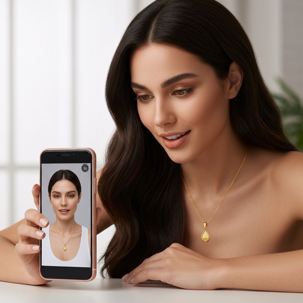 AR Try-On Demo - Woman using smartphone to virtually try on gold jewelry